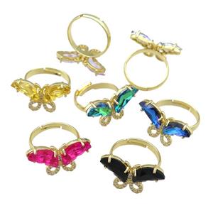 mixed Crystal Glass Butterfly Rings pave zircon, adjustable, gold plated, approx 15-23mm, 18mm dia [FN23502]