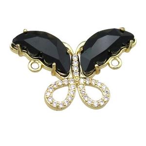 black Crystal Glass Butterfly Connector, gold plated, approx 18-30mm [FN23523]