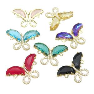 mixed Crystal Glass Butterfly Connector pave zircon, gold plated, approx 18-30mm [FN23524]