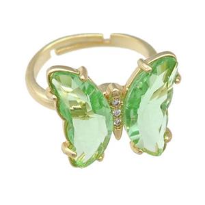 lt.green Crystal Glass Butterfly Spinner Rings, adjustable, gold plated, approx 15-18mm, 17mm dia [FN23569]