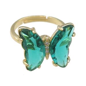peacockgreen Crystal Glass Butterfly Spinner Rings, adjustable, gold plated, approx 15-18mm, 17mm dia [FN23570]
