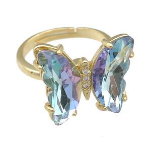 lt.blue Crystal Glass Butterfly Spinner Rings, adjustable, gold plated, approx 15-18mm, 17mm dia [FN23571]