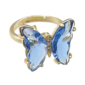 blue Crystal Glass Butterfly Spinner Rings, adjustable, gold plated, approx 15-18mm, 17mm dia [FN23572]