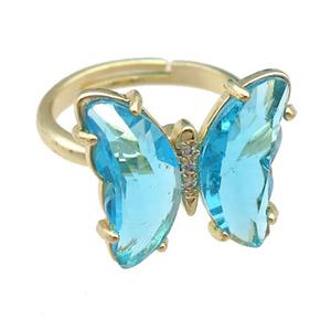 aqua Crystal Glass Butterfly Spinner Rings, adjustable, gold plated, approx 15-18mm, 17mm dia [FN23573]