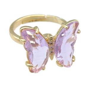 lavender Crystal Glass Butterfly Spinner Rings, adjustable, gold plated, approx 15-18mm, 17mm dia [FN23574]