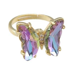 multicolor Crystal Glass Butterfly Spinner Rings, adjustable, gold plated, approx 15-18mm, 17mm dia [FN23575]