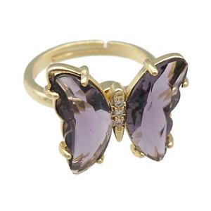 purple Crystal Glass Butterfly Spinner Rings, adjustable, gold plated, approx 15-18mm, 17mm dia [FN23576]