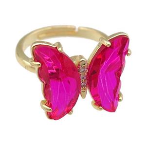 hotpink Crystal Glass Butterfly Spinner Rings, adjustable, gold plated, approx 15-18mm, 17mm dia [FN23580]
