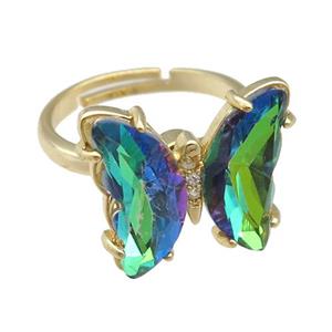 bluegreen Crystal Glass Butterfly Spinner Rings, adjustable, gold plated, approx 15-18mm, 17mm dia [FN23581]