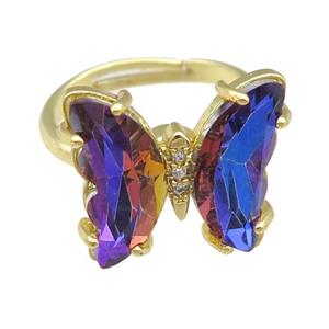 bluepurple Crystal Glass Butterfly Spinner Rings, adjustable, gold plated, approx 15-18mm, 17mm dia [FN23582]