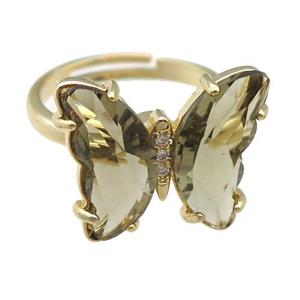 smoky Crystal Glass Butterfly Spinner Rings, adjustable, gold plated, approx 15-18mm, 17mm dia [FN23584]