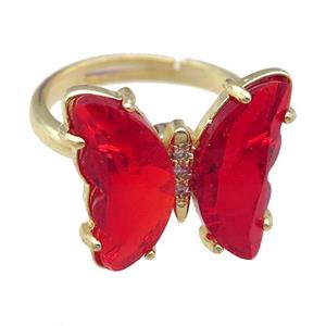 red Crystal Glass Butterfly Spinner Rings, adjustable, gold plated, approx 15-18mm, 17mm dia [FN23585]