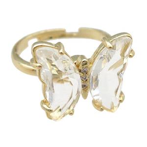 clear Crystal Glass Butterfly Spinner Rings, adjustable, gold plated, approx 15-18mm, 17mm dia [FN23586]