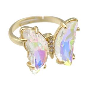clear AB-color Crystal Glass Butterfly Spinner Rings, adjustable, gold plated, approx 15-18mm, 17mm dia [FN23587]