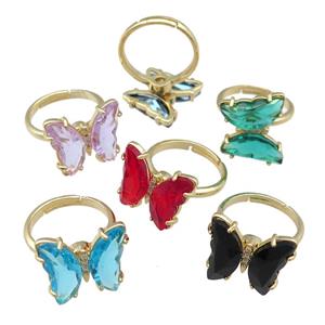 mix Crystal Glass Butterfly Spinner Rings pave zircon, adjustable, gold plated, approx 15-18mm, 17mm dia [FN23589]