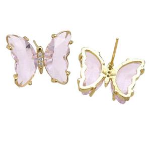 lt.pink Crystal Glass Butterfly Stud Earrings, gold plated, approx 12-15mm [FN23596]