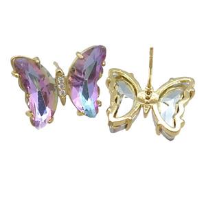 multicolor Crystal Glass Butterfly Stud Earrings, gold plated, approx 12-15mm [FN23598]