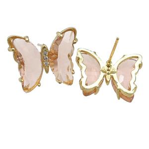peach Crystal Glass Butterfly Stud Earrings, gold plated, approx 12-15mm [FN23600]