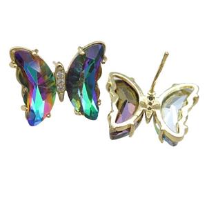 rainbow Crystal Glass Butterfly Stud Earrings, gold plated, approx 12-15mm [FN23604]