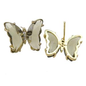 smoky Crystal Glass Butterfly Stud Earrings, gold plated, approx 12-15mm [FN23607]