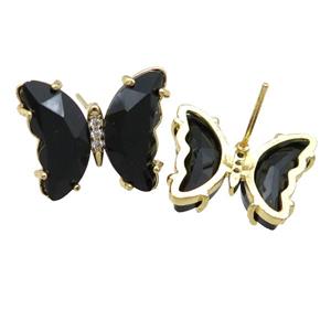 black Crystal Glass Butterfly Stud Earrings, gold plated, approx 12-15mm [FN23610]