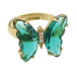 peacockgreen Crystal Glass Butterfly Rings, gold plated, approx 15-18mm, 17mm dia [FN23612]
