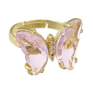 lt.pink Crystal Glass Butterfly Rings, gold plated, approx 15-18mm, 17mm dia [FN23617]