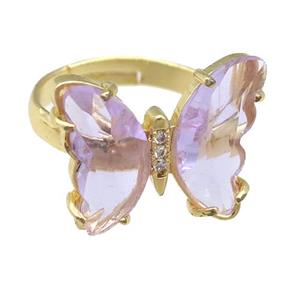 lavender Crystal Glass Butterfly Rings, gold plated, approx 15-18mm, 17mm dia [FN23618]