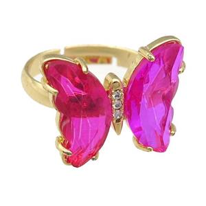 hotpink Crystal Glass Butterfly Rings, gold plated, approx 15-18mm, 17mm dia [FN23623]