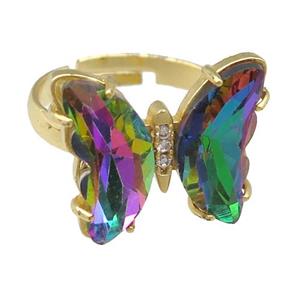 rainbow Crystal Glass Butterfly Rings, gold plated, approx 15-18mm, 17mm dia [FN23624]