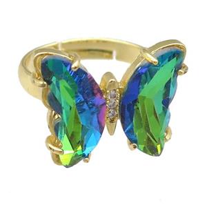 green Crystal Glass Butterfly Rings, gold plated, approx 15-18mm, 17mm dia [FN23625]