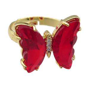 red Crystal Glass Butterfly Rings, gold plated, approx 15-18mm, 17mm dia [FN23627]