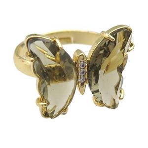 smoky Crystal Glass Butterfly Rings, gold plated, approx 15-18mm, 17mm dia [FN23628]