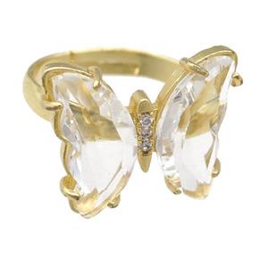 clear Crystal Glass Butterfly Rings, gold plated, approx 15-18mm, 17mm dia [FN23629]