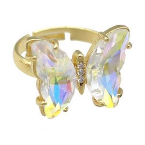 clear AB-color Crystal Glass Butterfly Rings, gold plated, approx 15-18mm, 17mm dia [FN23630]