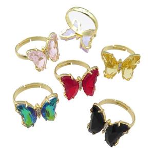 mix Crystal Glass Butterfly Rings pave zircon, gold plated, approx 15-18mm, 17mm dia [FN23632]