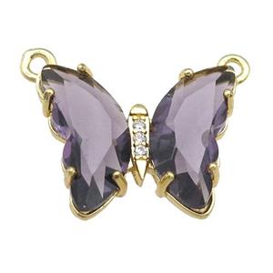 purple Crystal Glass Butterfly Pendant with 2loops, gold plated, approx 15-18mm [FN23665]