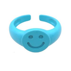 copper Rings with teal fire lacquered, smileface, adjustable, approx 11mm, 17mm dia [FN23767]