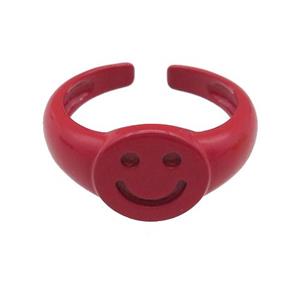 copper Rings with red fire lacquered, smileface emoji, adjustable, approx 11mm, 17mm dia [FN23769]