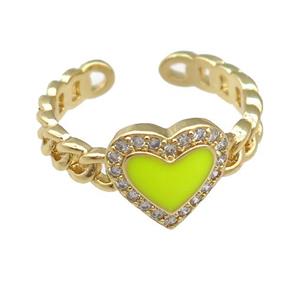 copper Rings with yellow enamel heart, gold plated, adjustable, approx 10mm, 16mm dia [FN23778]