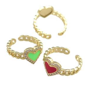 copper Rings with enamel heart, adjustable, gold plated, mixed, approx 10mm, 16mm dia [FN23783]