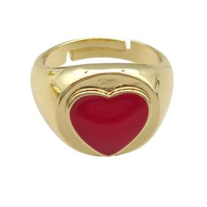 copper Rings with red enamel heart, adjustable, gold plated, approx 12mm, 17mm dia [FN23788]