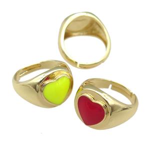 copper Rings with enamel heart, adjustable, gold plated, mixed, approx 12mm, 17mm dia [FN23789]