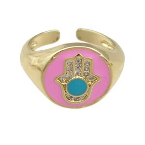 copper Rings with pink enamel hand, adjustable, gold plated, approx 13mm, 17mm dia [FN23795]