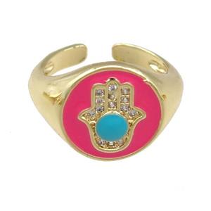 copper Rings with hotpink enamel hand, adjustable, gold plated, approx 13mm, 17mm dia [FN23796]