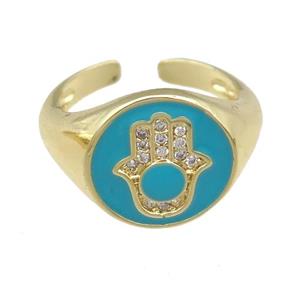 copper Rings with teal enamel hand, adjustable, gold plated, approx 13mm, 17mm dia [FN23797]