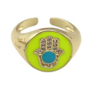 copper Rings with yellow enamel hand, adjustable, gold plated, approx 13mm, 17mm dia [FN23798]