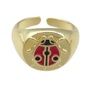copper Rings with enamel beetle, adjustable, gold plated, approx 12mm, 17mm dia [FN23801]