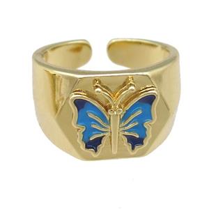 copper Rings with enamel butterfly, adjustable, gold plated, approx 12mm, 17mm dia [FN23803]