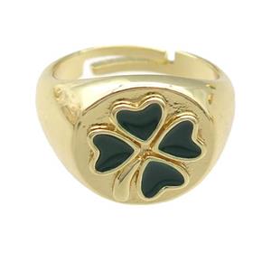 copper Rings with enamel clover, adjustable, gold plated, approx 12mm, 17mm dia [FN23804]